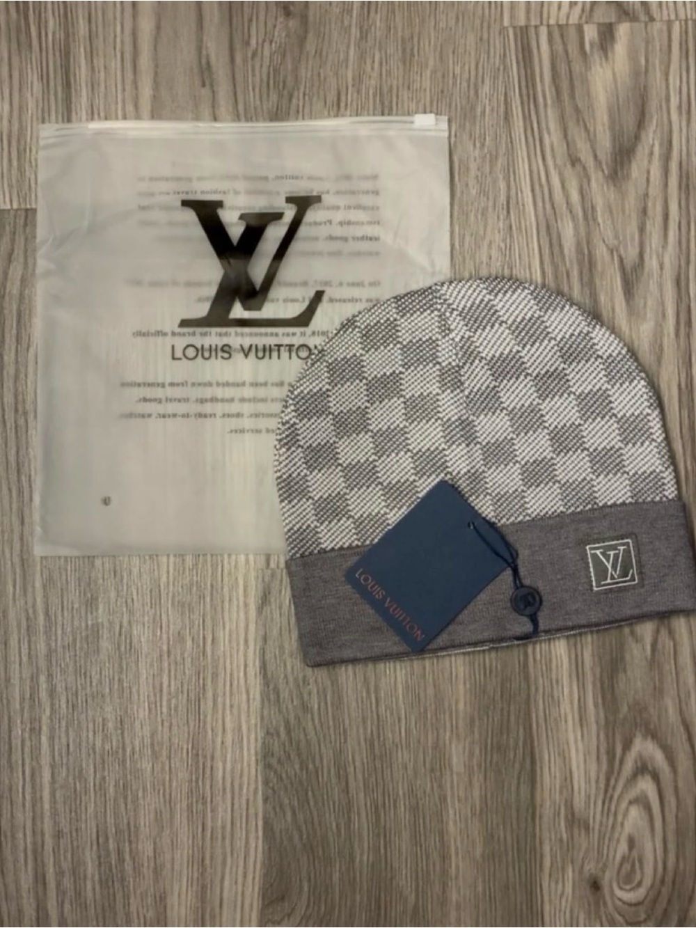 Louis Vuitton Men’s Gray Damier Pattern Beanie with LV Patch